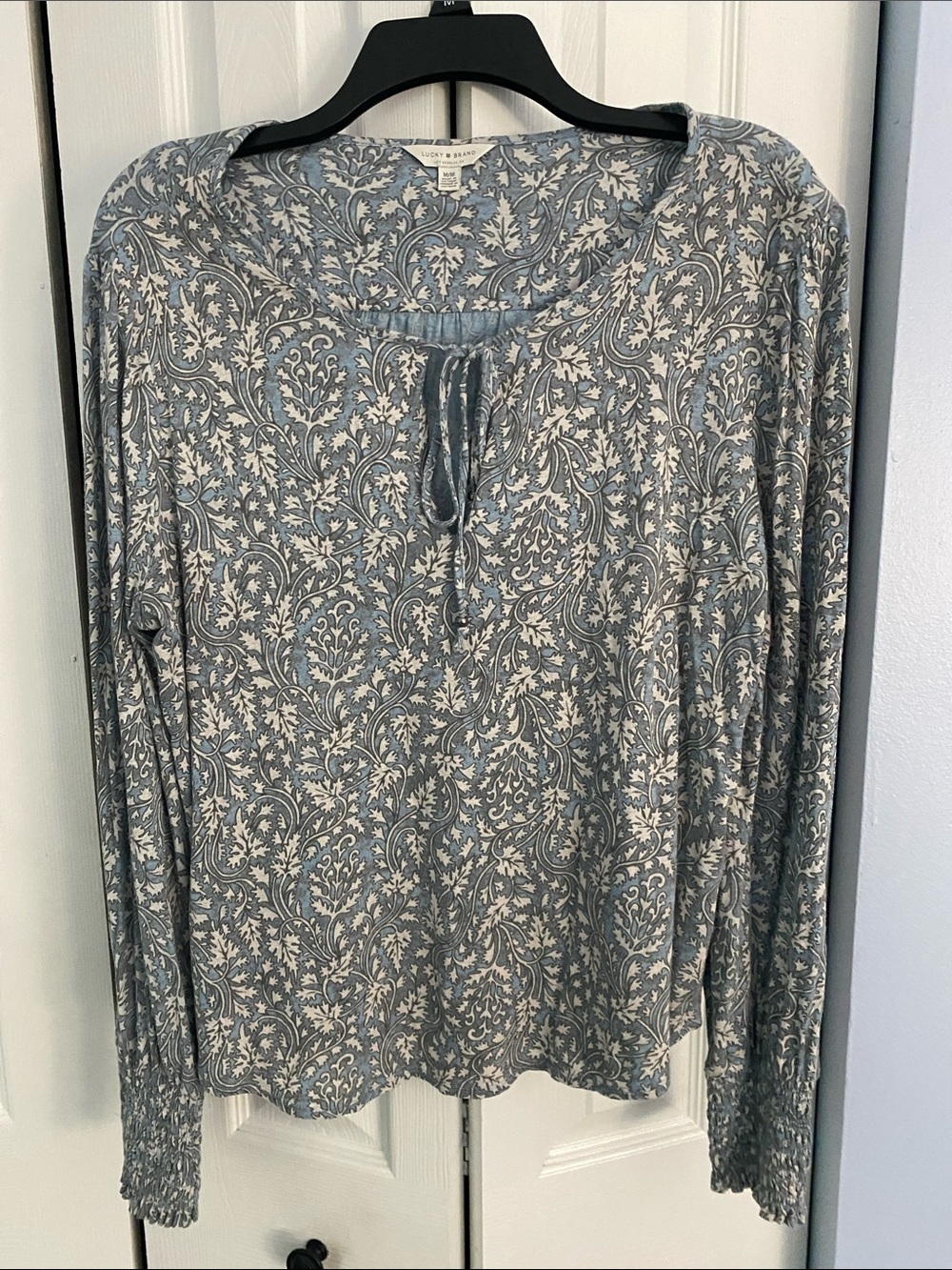 Lucky Brand  Blue, Cream, and Grey Paisley Tie-Neck Long Sleeve Top
